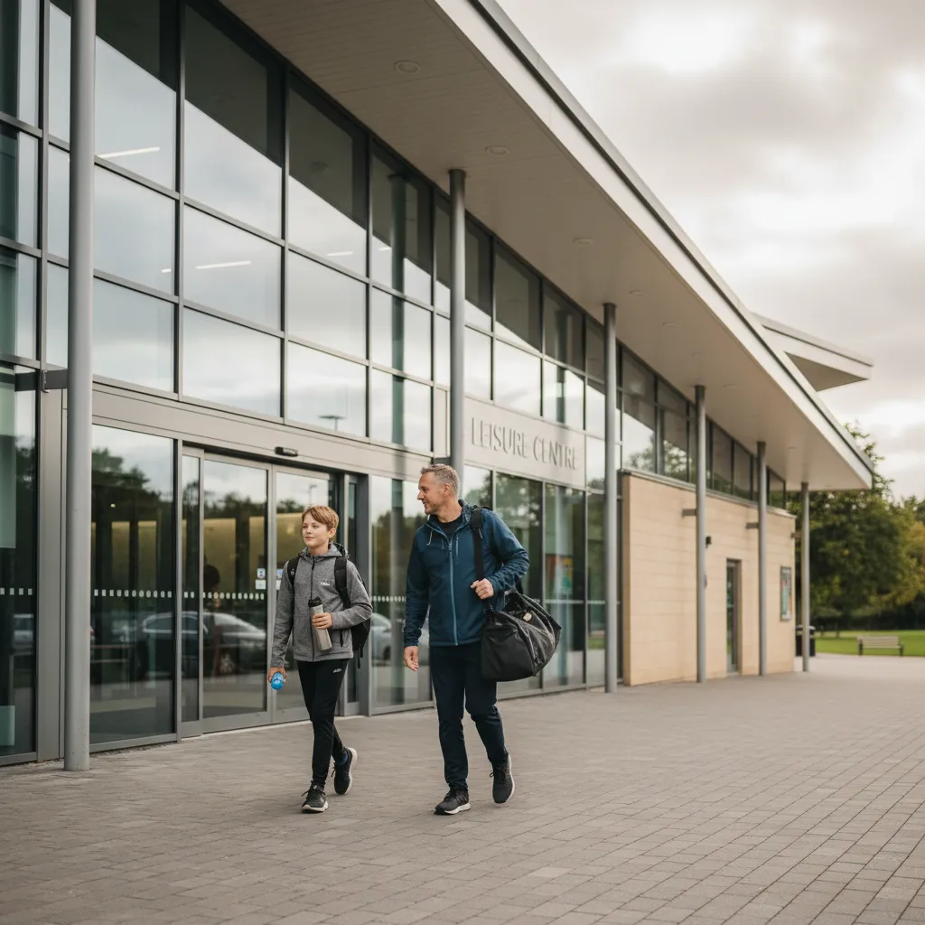 A parent and child arriving at a UK council leisure centre for a junior gym session