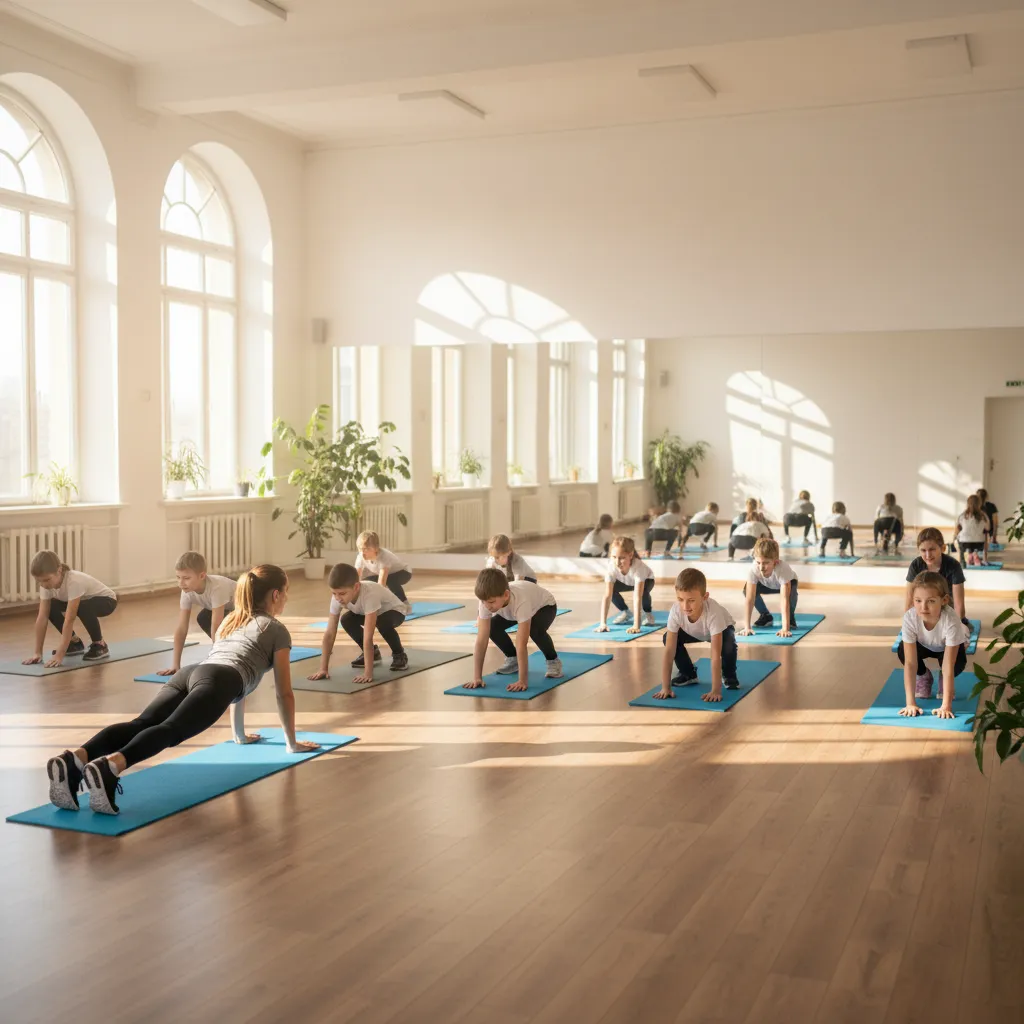 Children learning bodyweight exercises during a supervised junior gym session