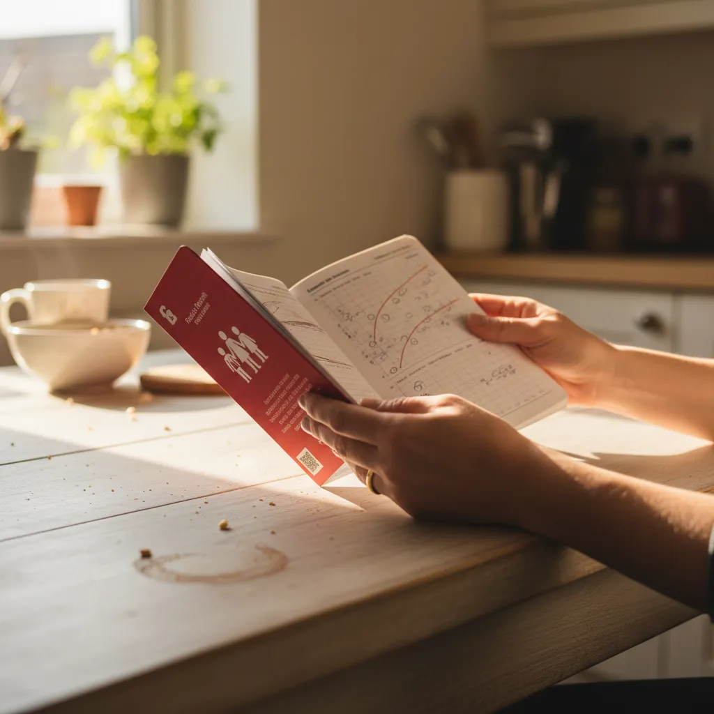 A parent reviewing their child's growth chart in the Personal Child Health Record (Red Book) at home