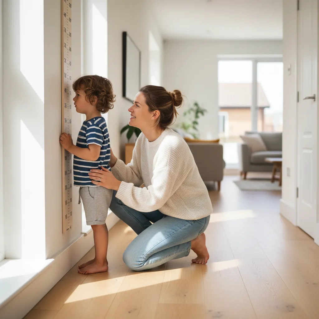 A parent measuring their child's height at home using a wall-mounted height chart