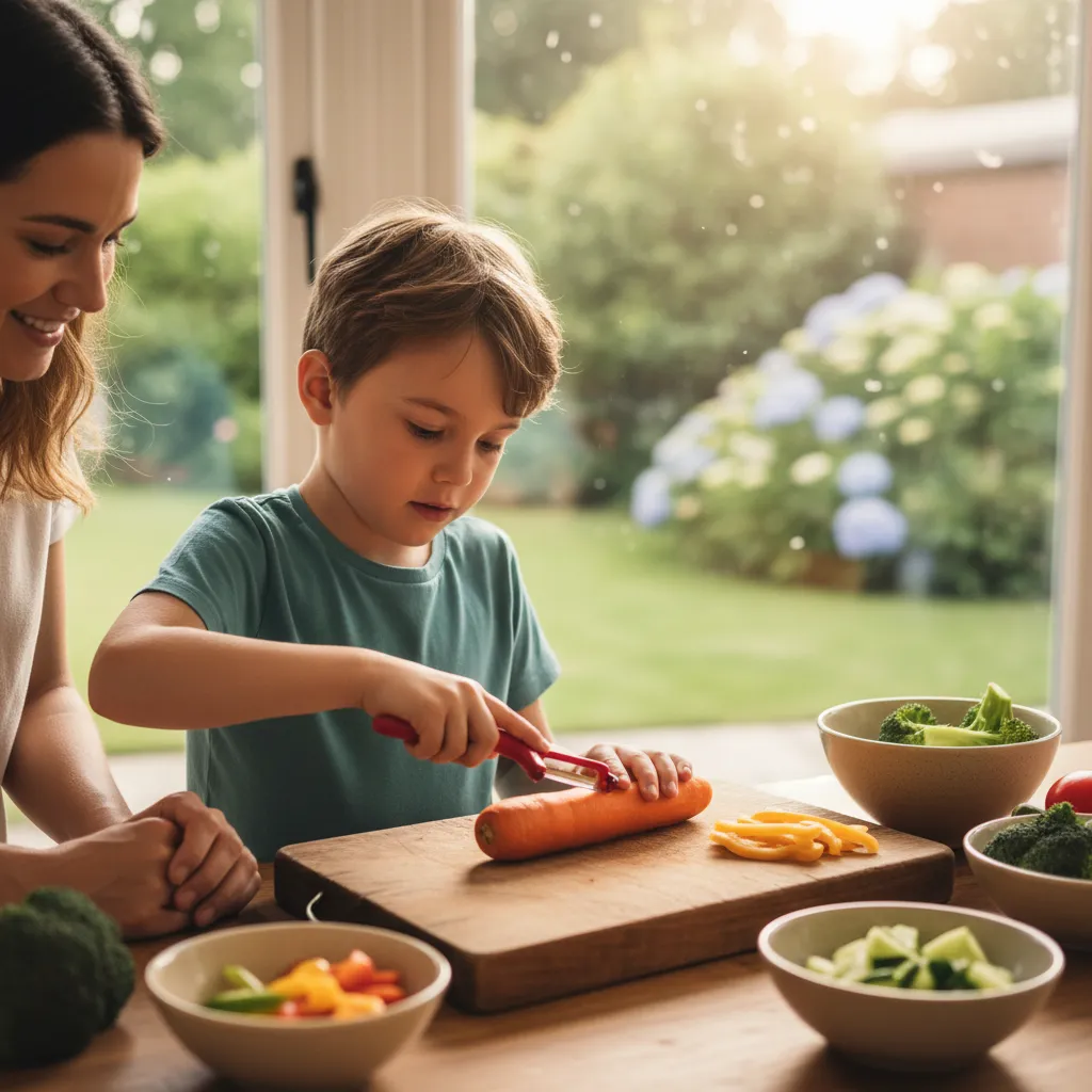By age 7 to 9 most children can safely learn to use a vegetable peeler with adult supervision