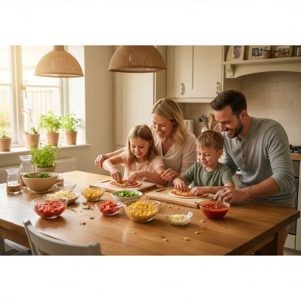 Assembling pitta pizzas together lets children of different ages practise spreading and choosing nutritious toppings