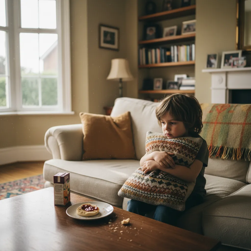 A child sitting quietly on the sofa looking thoughtful, illustrating how children may turn to food when feeling upset