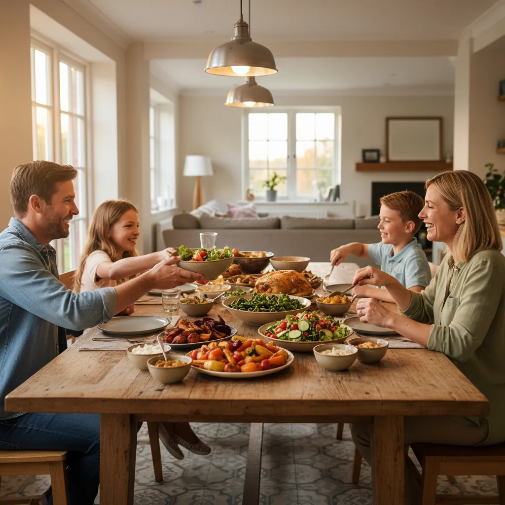 A family enjoying a relaxed meal together, supporting a positive and pressure-free food environment at home
