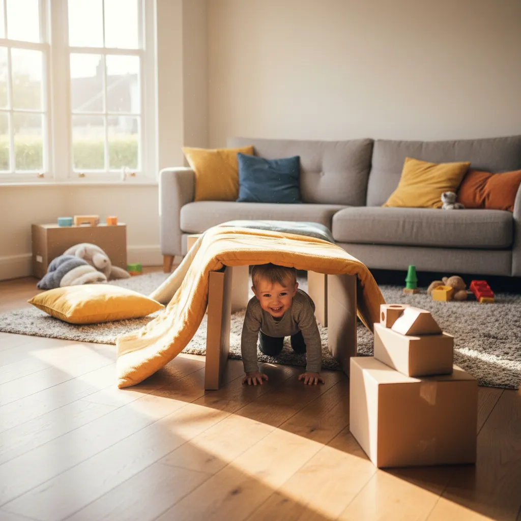 A young child navigating a homemade obstacle course in the living room for active indoor play