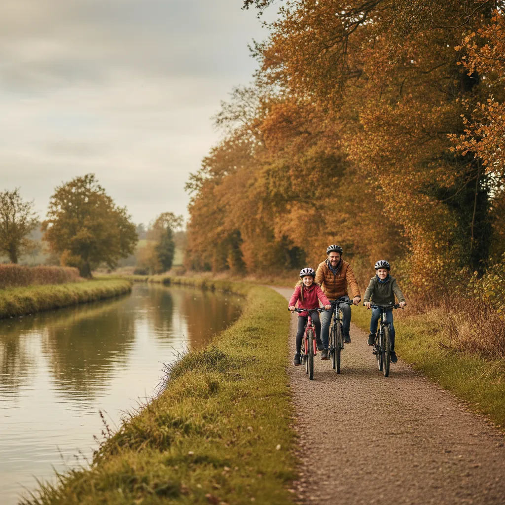 A father cycling with his children along an English canal towpath on an autumn afternoon
