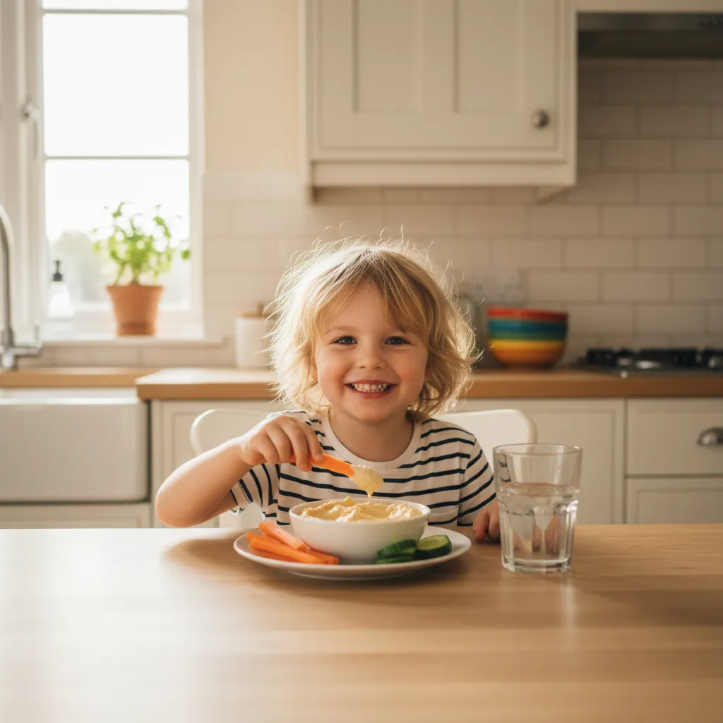 A child enjoying vegetable sticks and hummus as a nutritious mid-morning snack