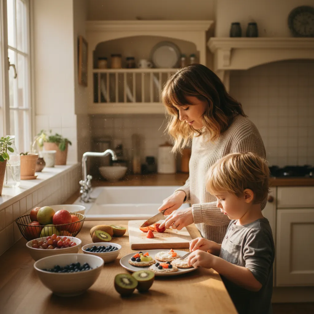 A parent and child preparing healthy snacks together at home during the weekend
