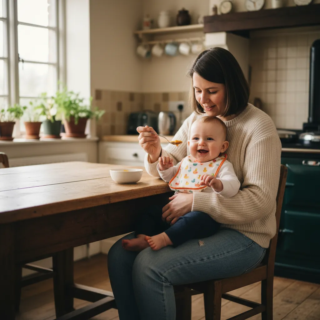 A parent gently offers their baby a first taste of vegetable purée during early weaning