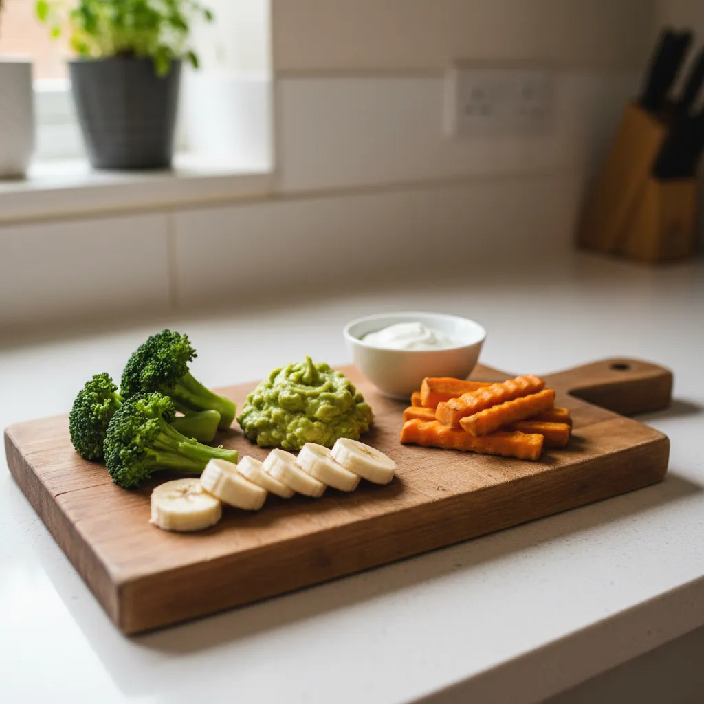 A selection of nutritious first weaning foods prepared and ready for a baby to explore