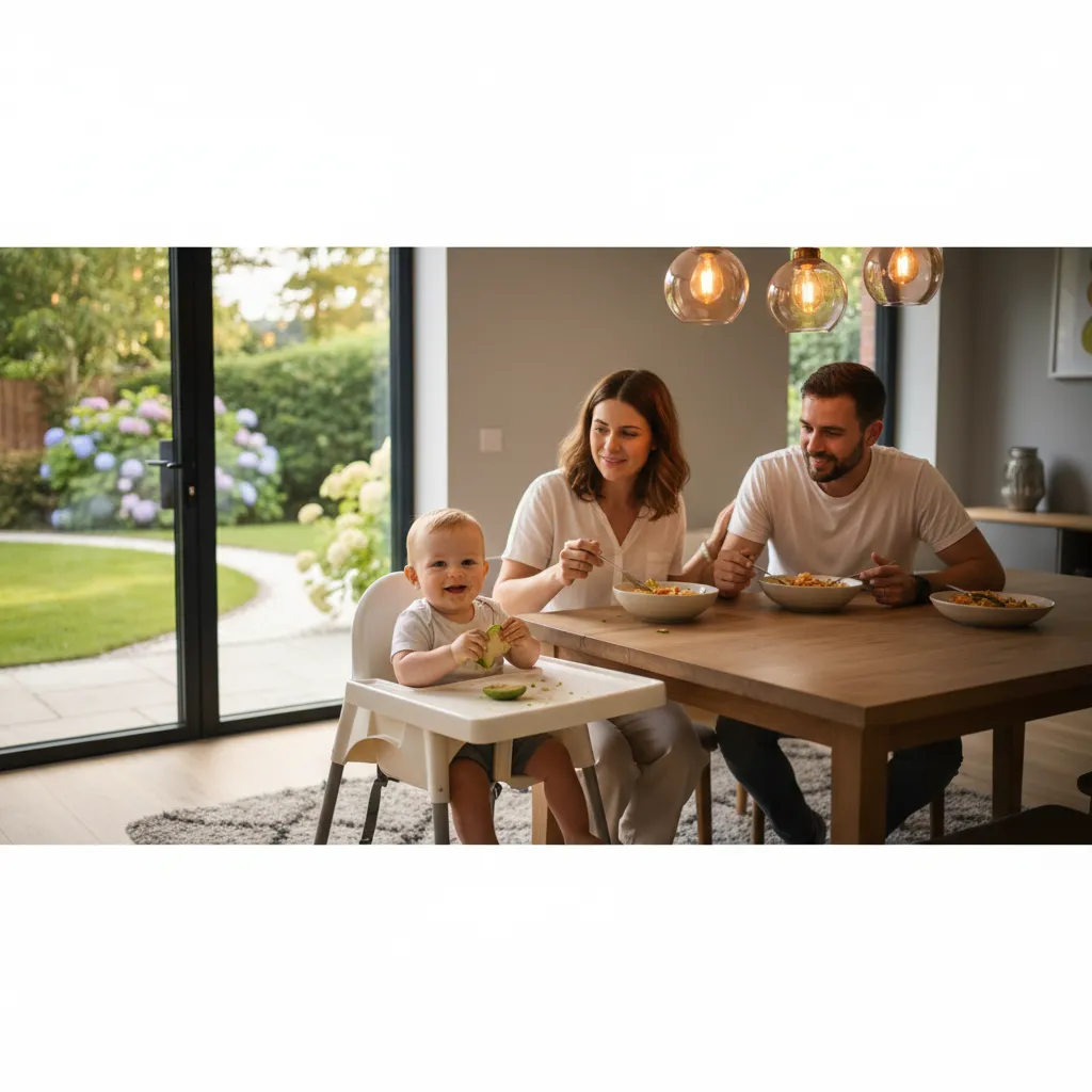 A family shares a mealtime together, encouraging healthy eating habits from the start of weaning