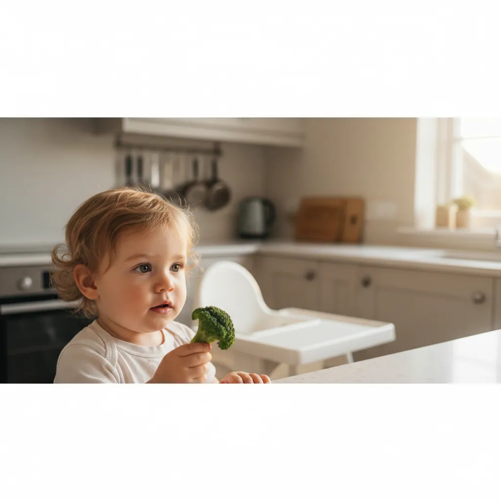 A curious toddler examining a piece of broccoli for the first time