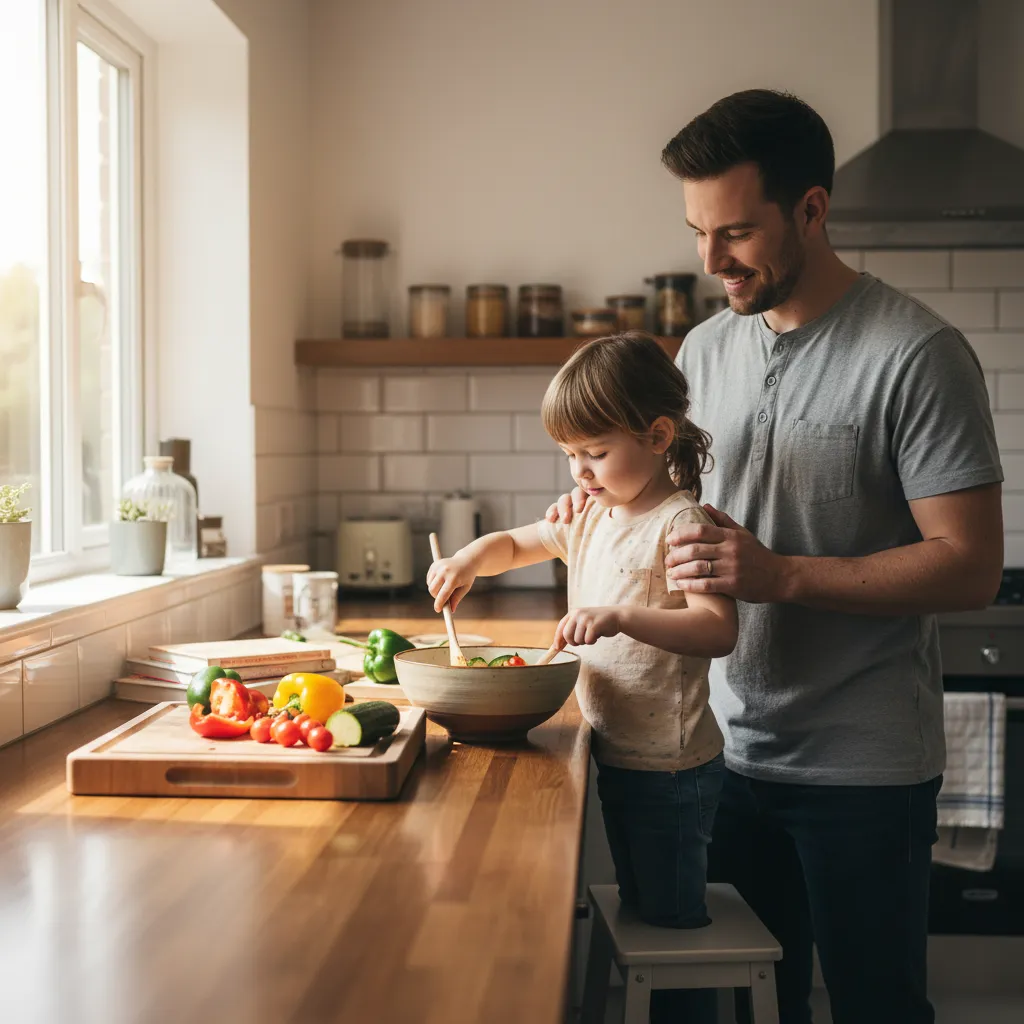 A parent and child preparing vegetables together in the kitchen
