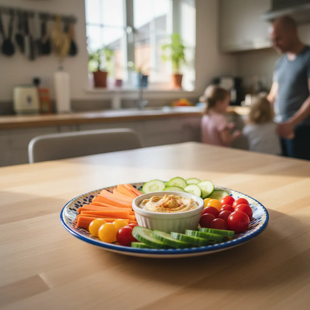 A colourful plate of vegetable snacks with hummus, perfect for children