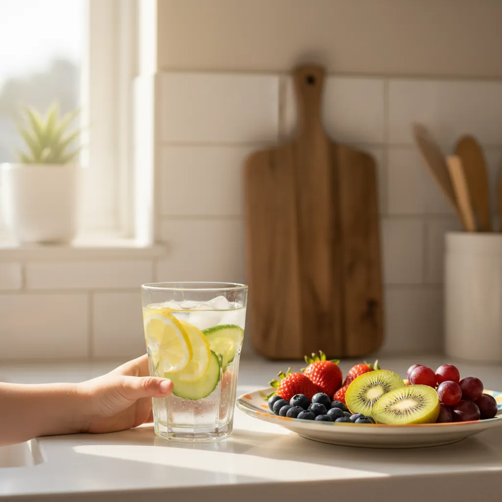 Water with fresh fruit slices is a simple and appealing alternative to sugary drinks for children