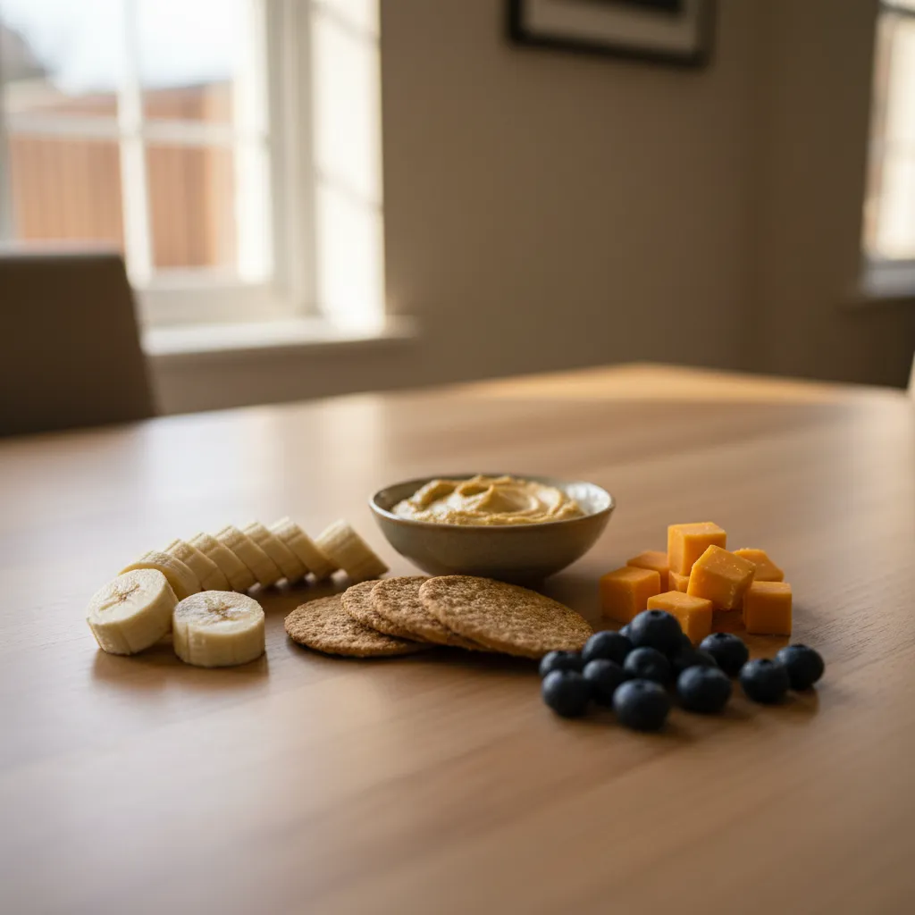 A variety of healthy toddler snacks arranged in toddler-friendly portions on a family table