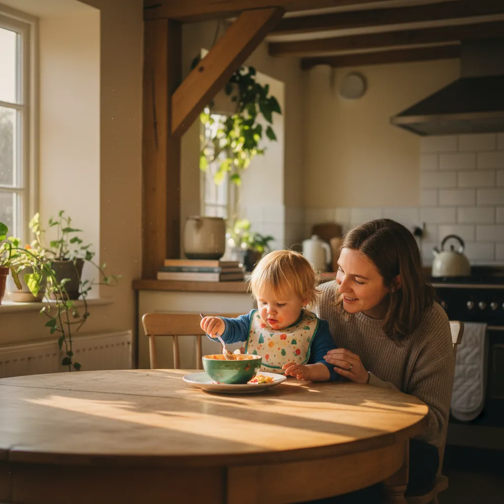 A toddler practising self-feeding with a spoon while eating with a parent at home