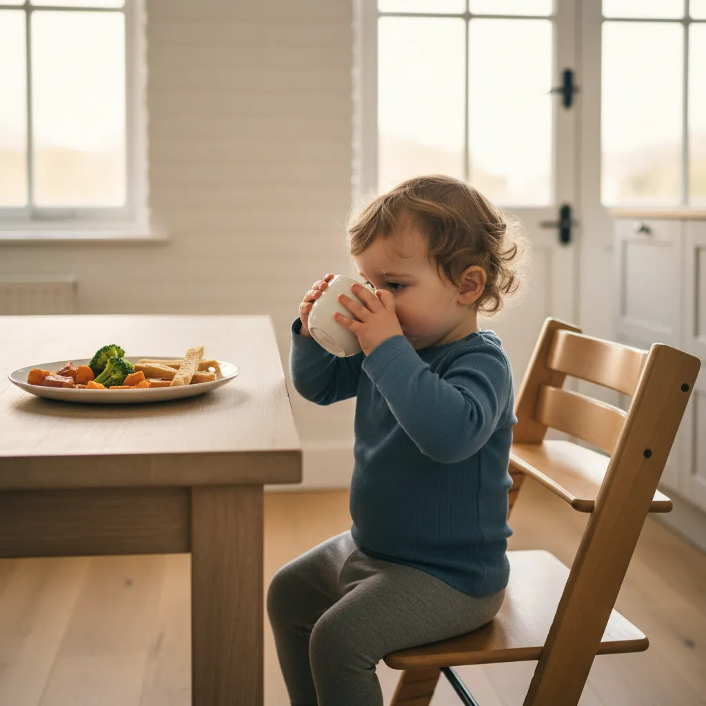 A toddler learning to drink water from an open cup alongside a plate of nutritious finger foods