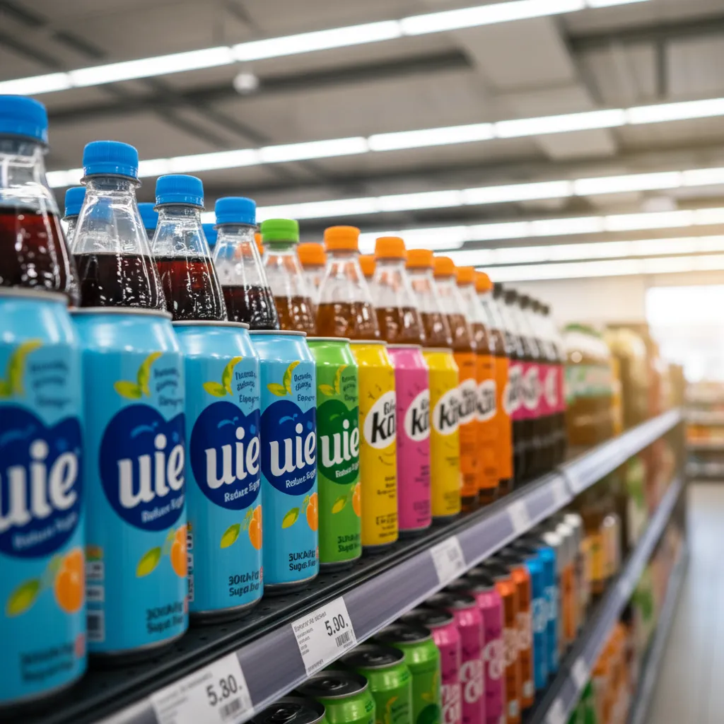 UK supermarket drinks shelf reflecting reformulation driven by the Soft Drinks Industry Levy