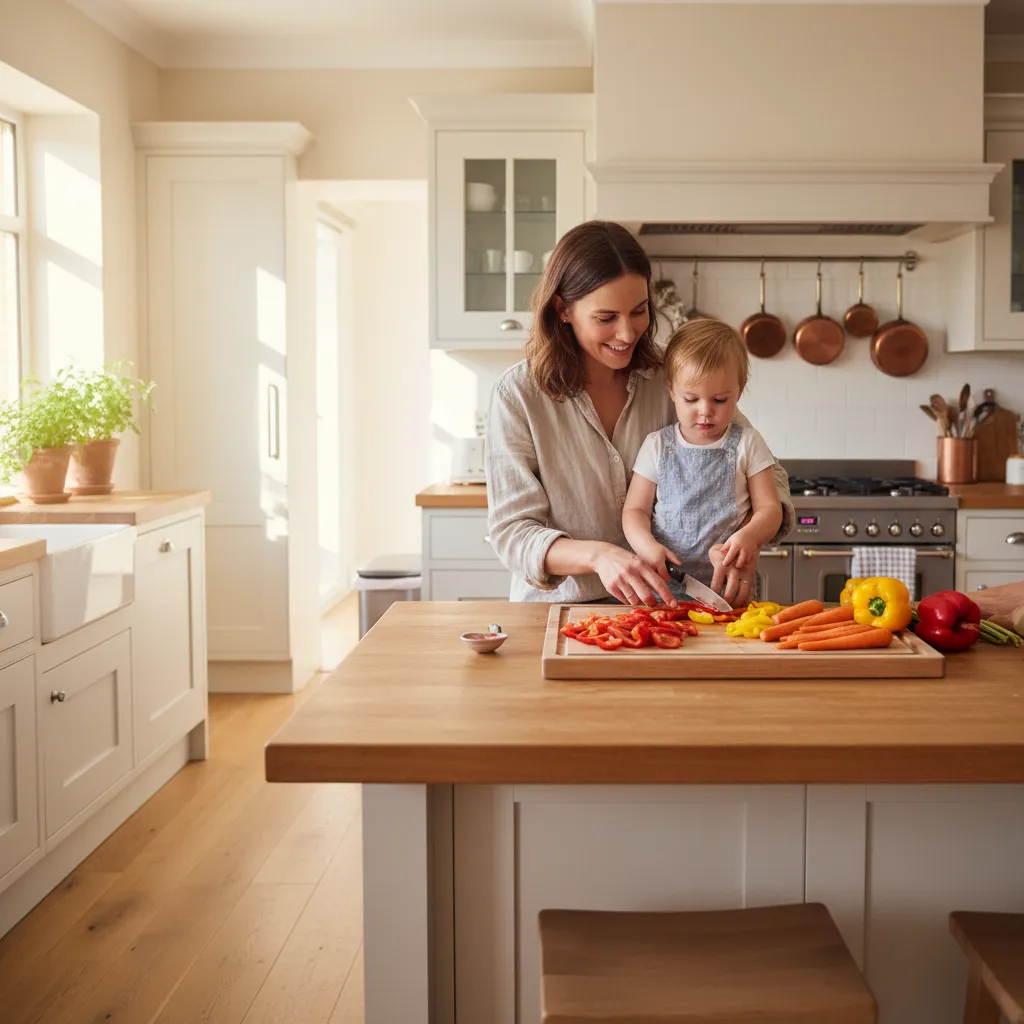 A parent and child preparing fresh vegetables together at home to build healthy eating habits