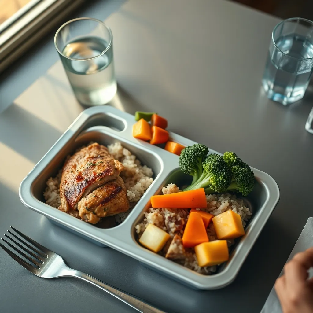 A balanced school meal tray with grilled chicken, vegetables, rice and fresh fruit