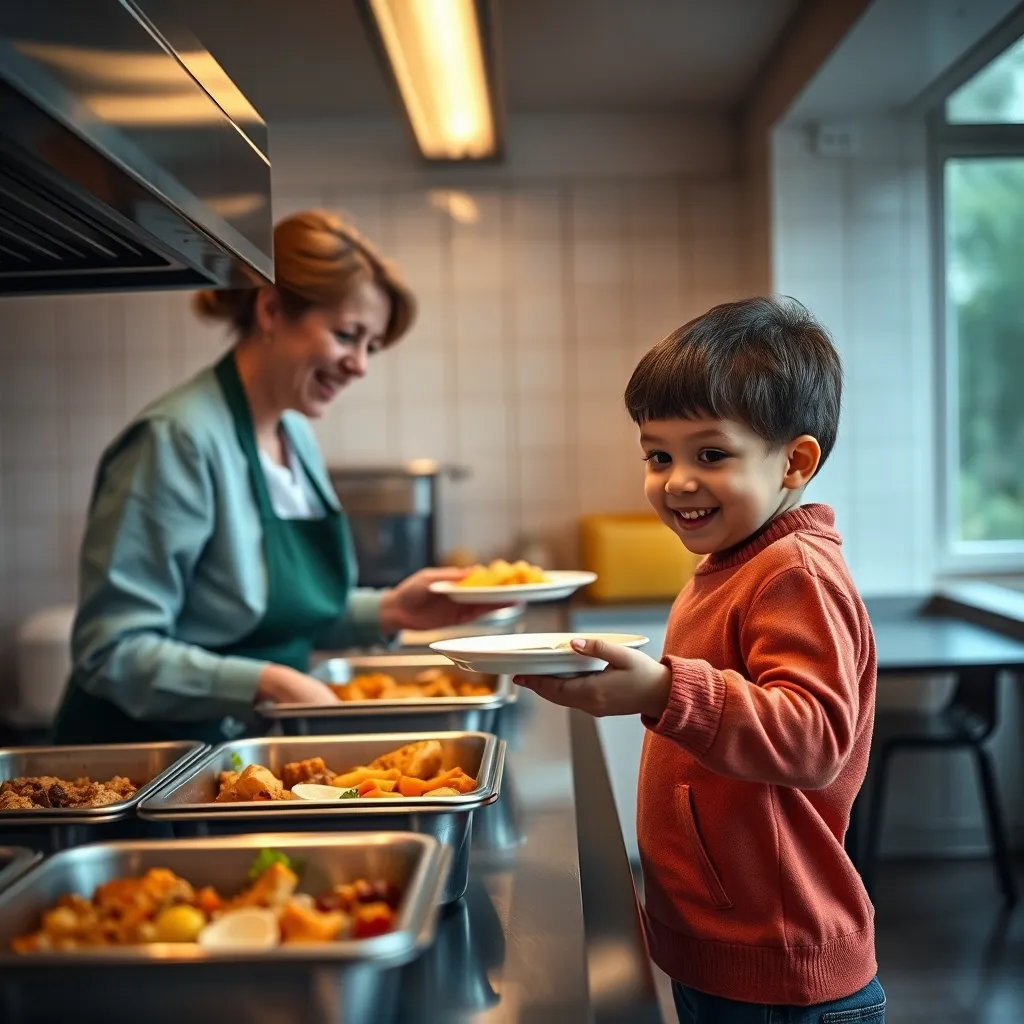 A dinner lady serving a hot school meal to a primary school pupil at the canteen counter