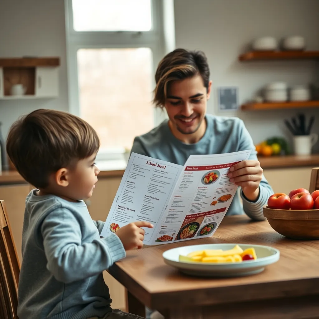 A parent and child reviewing the weekly school meal menu together at home