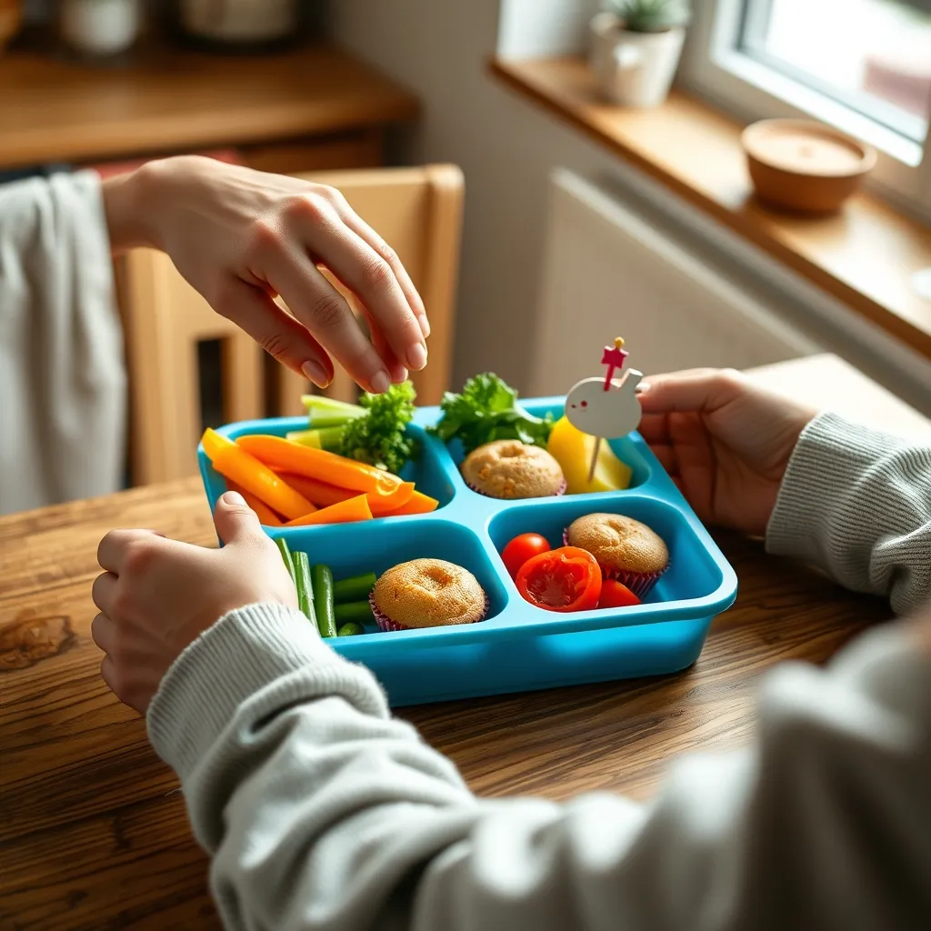 Arranging fresh vegetables and homemade treats into a birthday lunch box with festive food picks