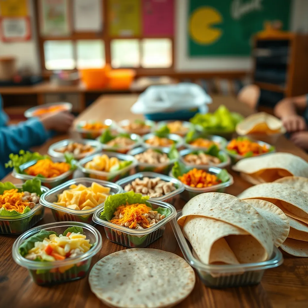 A build-your-own wrap station lunch box with separated ingredients for an interactive birthday meal