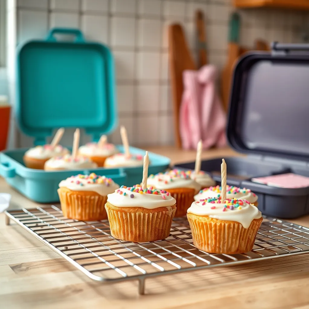 Homemade reduced-sugar fairy cakes with pastel icing ready to be packed into a birthday lunch box