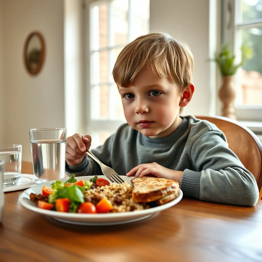 A balanced plate with vegetables filling half the space helps children develop healthy eating patterns