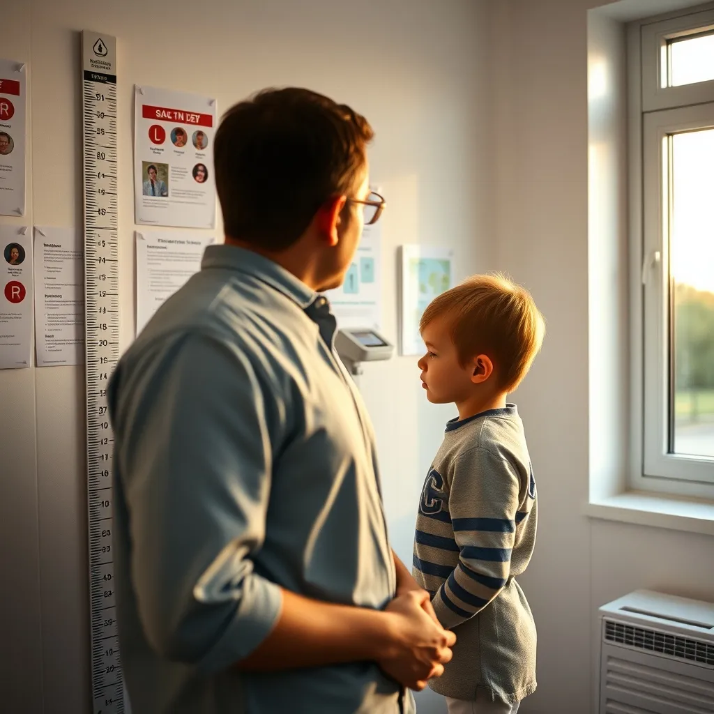 A child having their height and weight measured during a routine health check at an NHS practice