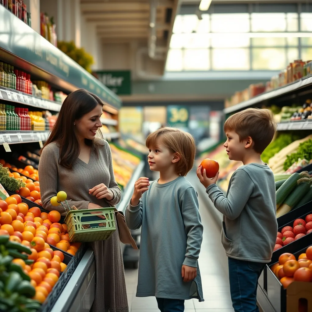 A family choosing fresh fruit and vegetables together in a supermarket produce aisle