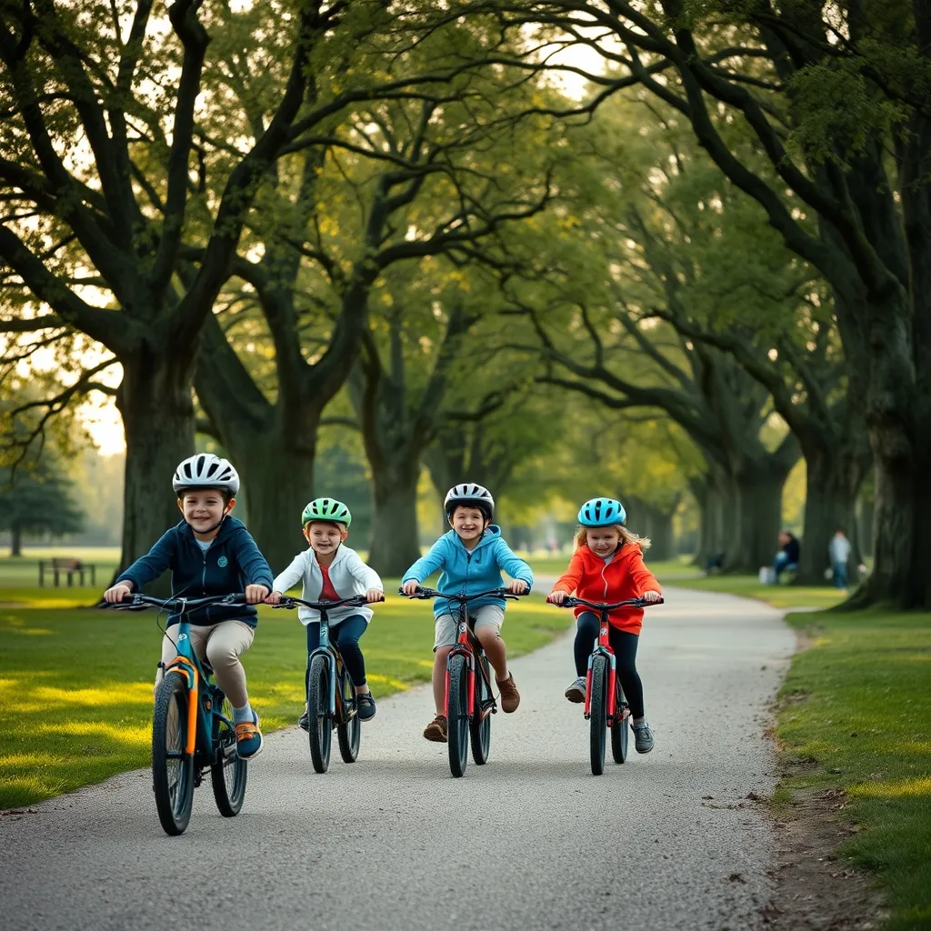 Children cycling through a park path as part of their daily physical activity