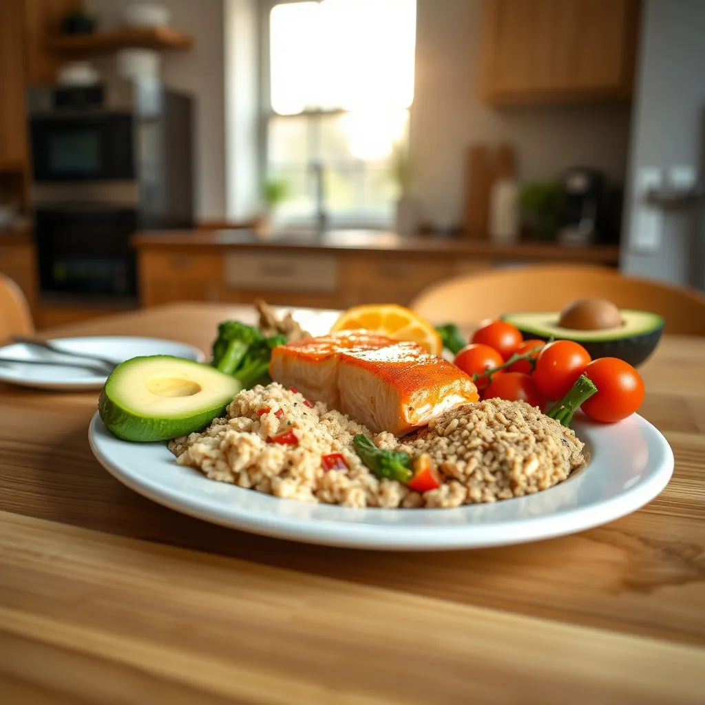 A balanced plate featuring omega-3 rich salmon and colourful vegetables that support children's brain health and mood regulation