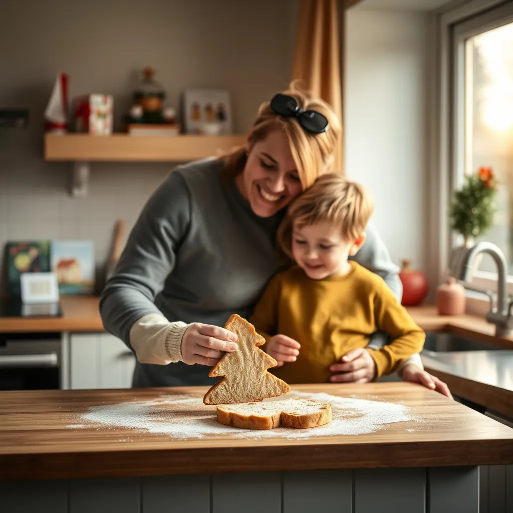A parent and child preparing festive Christmas sandwiches together using a tree-shaped cookie cutter