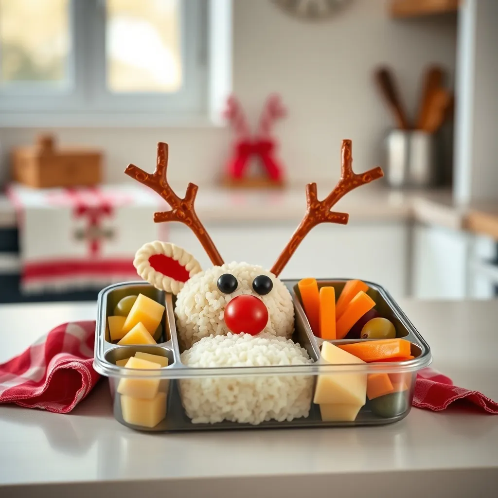 A creative Rudolph-themed bento box with rice cakes, cherry tomato nose and pretzel antlers alongside healthy snacks