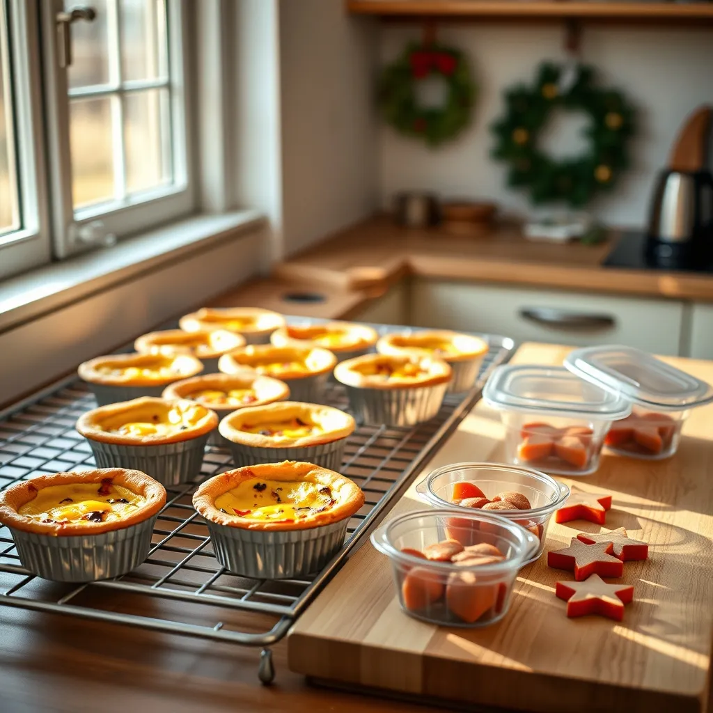 Batch-cooked mini quiches cooling on a rack ready to be portioned for the week's Christmas lunch boxes