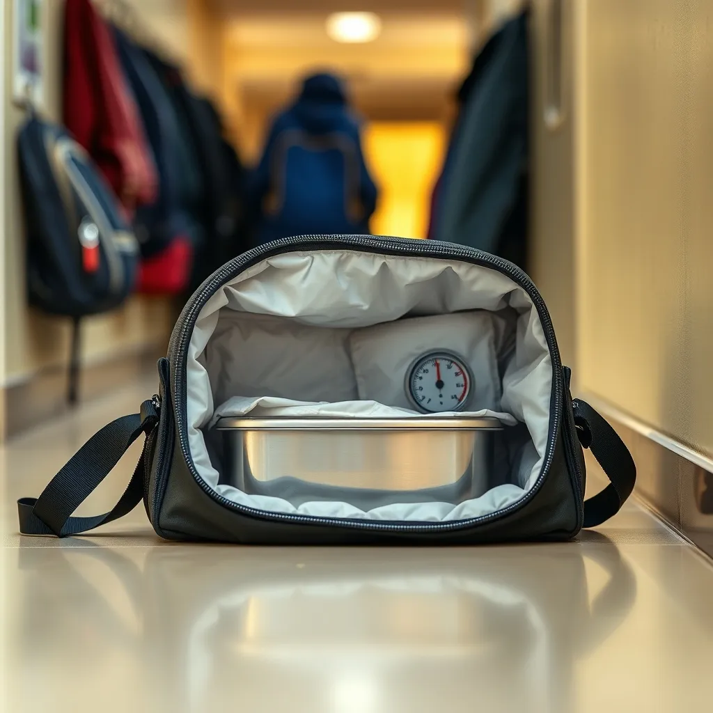 An insulated bag with a frozen ice pack keeps cold lunches at a safe temperature for hours
