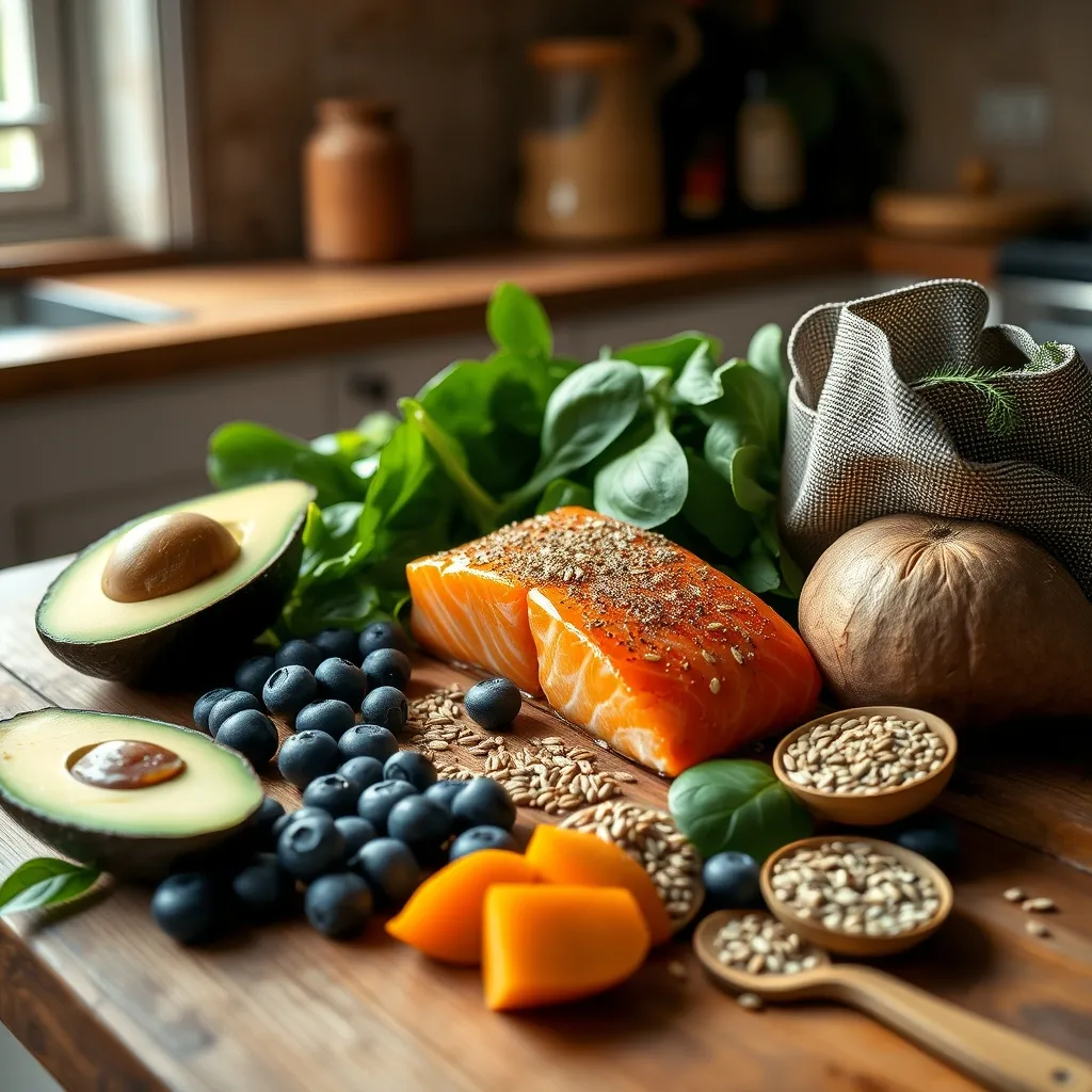 Omega-3 rich foods like salmon and flaxseeds alongside colourful fruits and vegetables support skin health