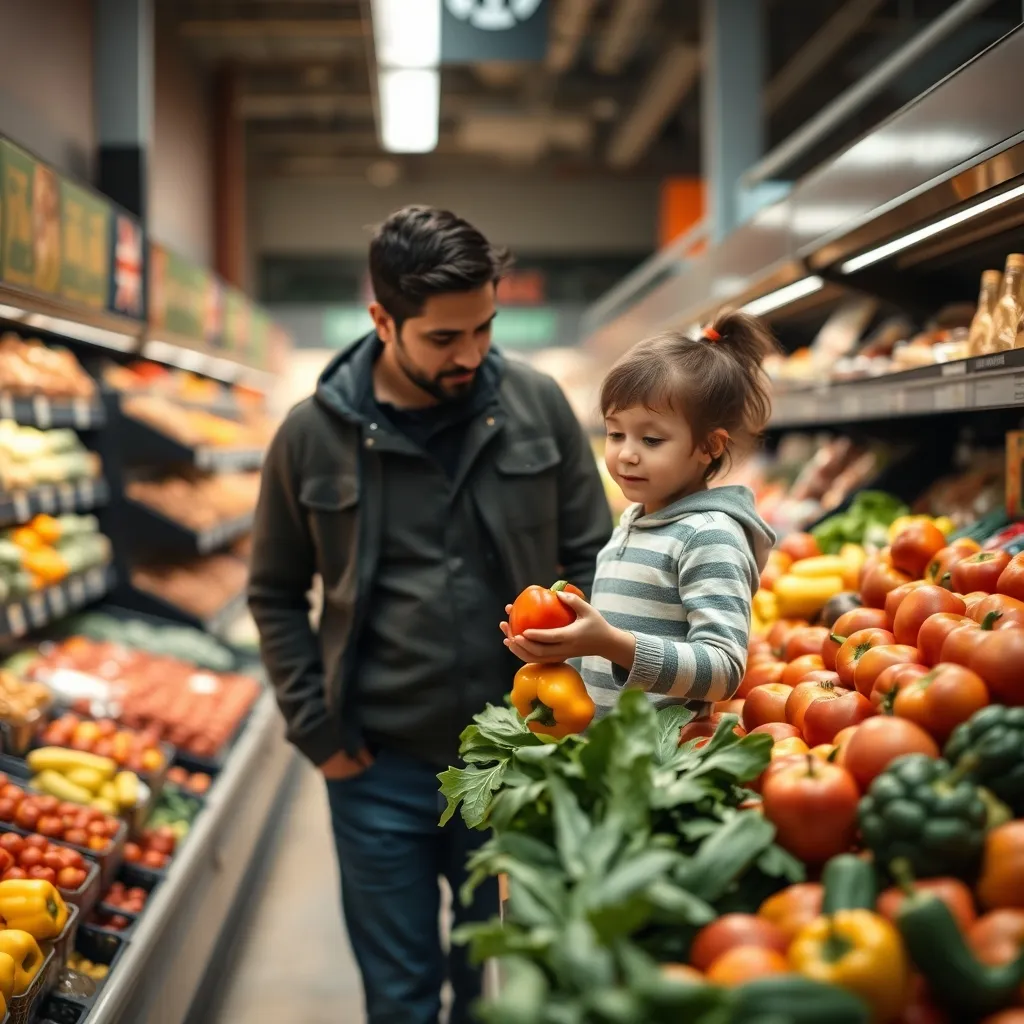 A parent and child selecting fresh fruit and vegetables together at a supermarket
