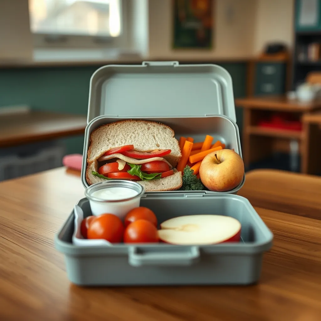 A balanced school lunchbox containing wholemeal bread, vegetables, fruit and yoghurt