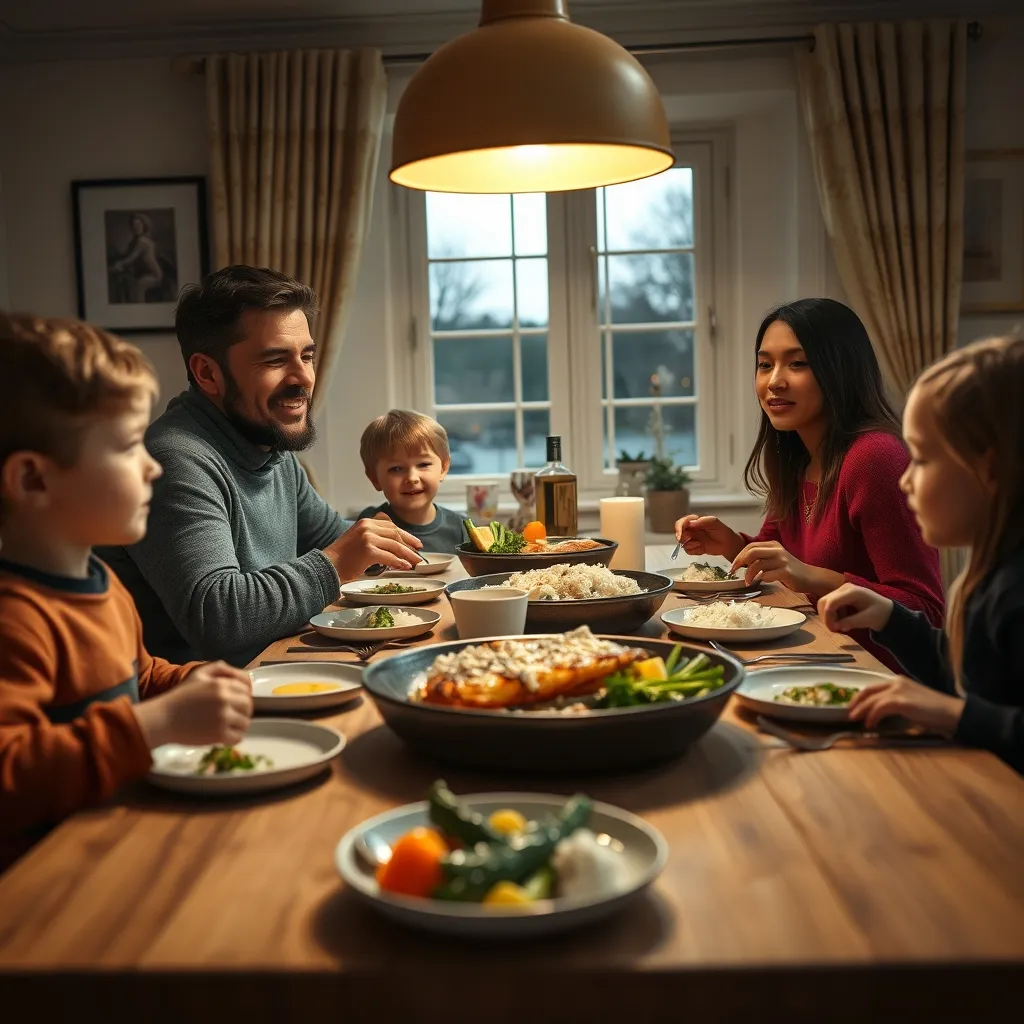 A family enjoying a balanced evening meal together featuring fish, vegetables and rice