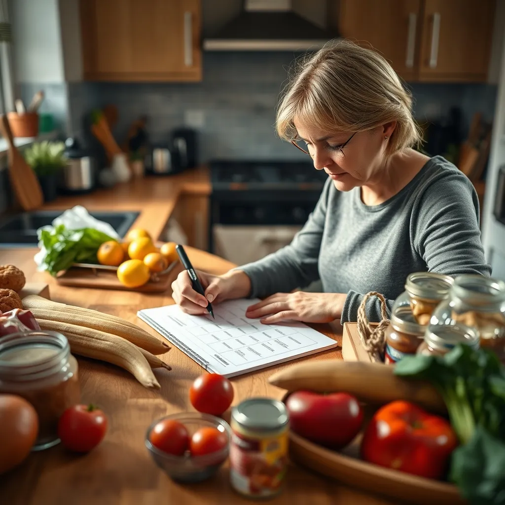 Writing a weekly meal plan alongside fresh groceries helps structure healthy family eating