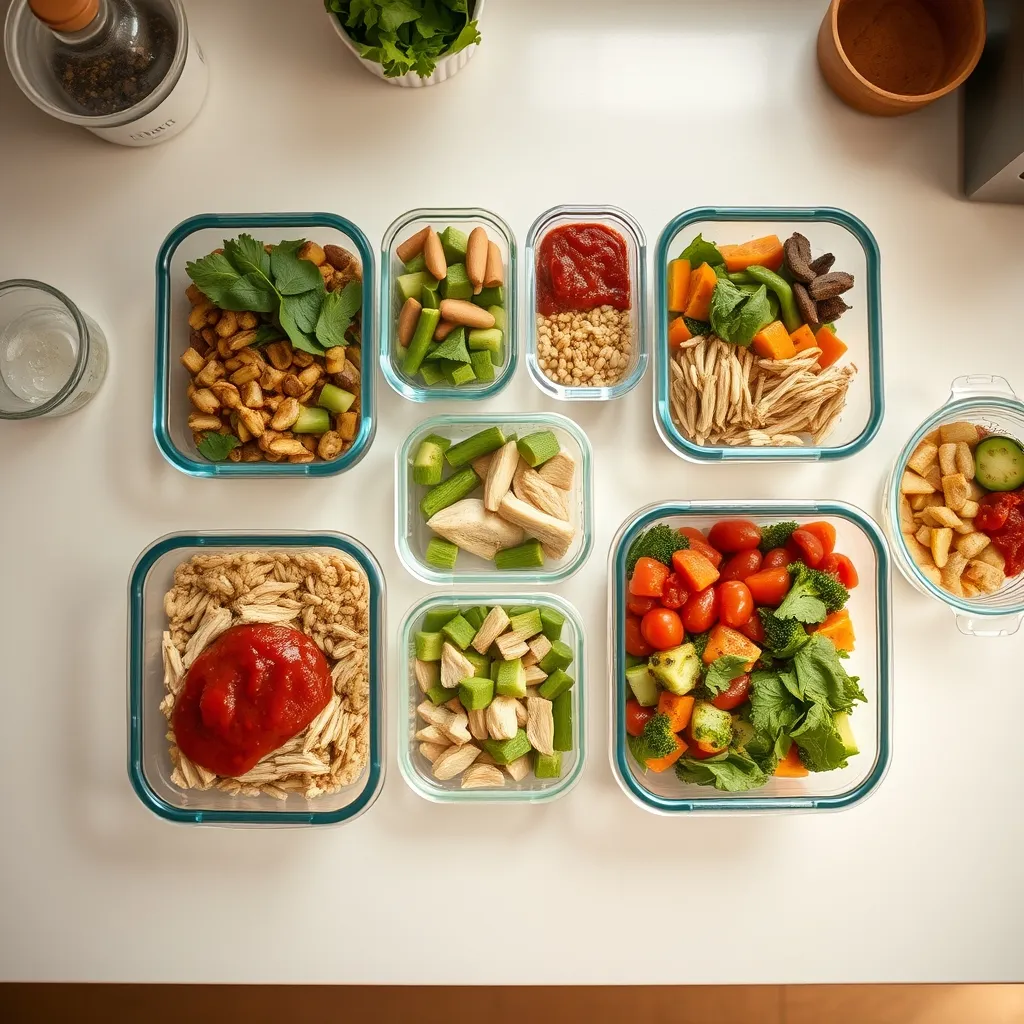Batch-cooked meal prep containers filled with grains, vegetables and protein ready for the week