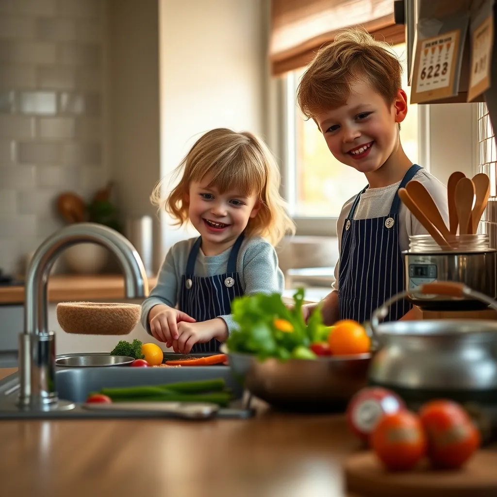 Children helping with meal preparation in the kitchen builds healthy eating habits from a young age