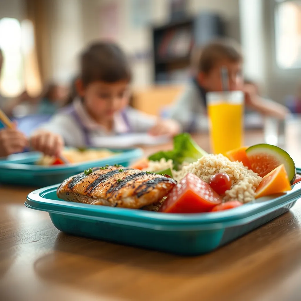 A typical UK school meal tray featuring protein, vegetables and fruit meeting School Food Standards