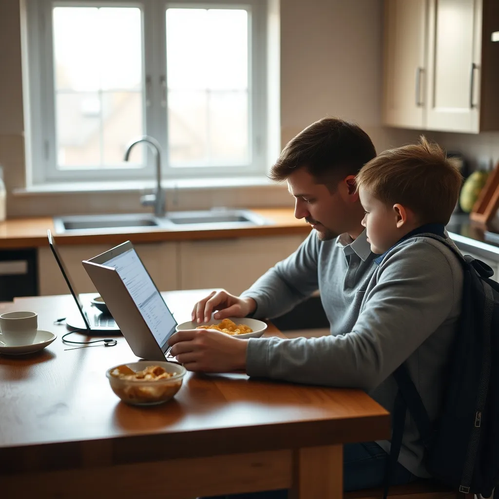 A parent applying online for free school meals while their child prepares for the school day