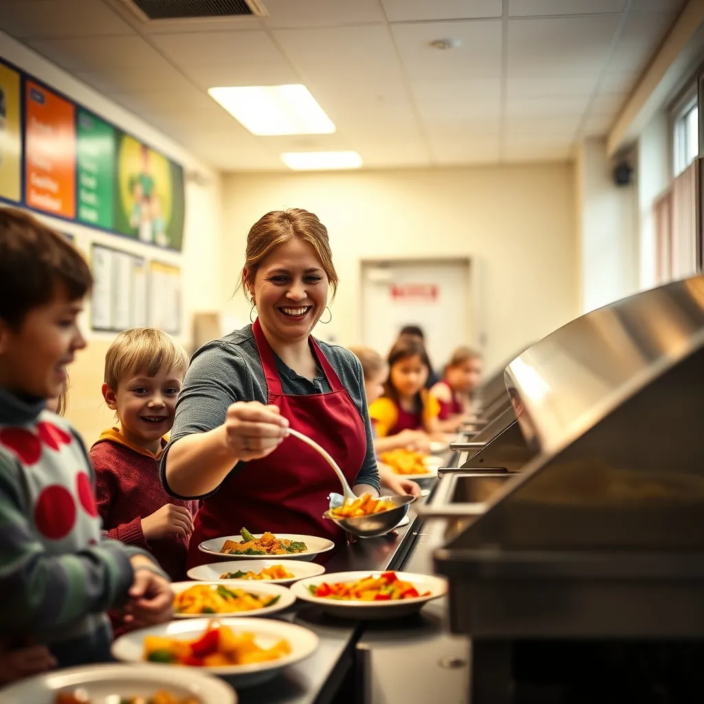 A school catering team member serving a hot meal to children during lunchtime