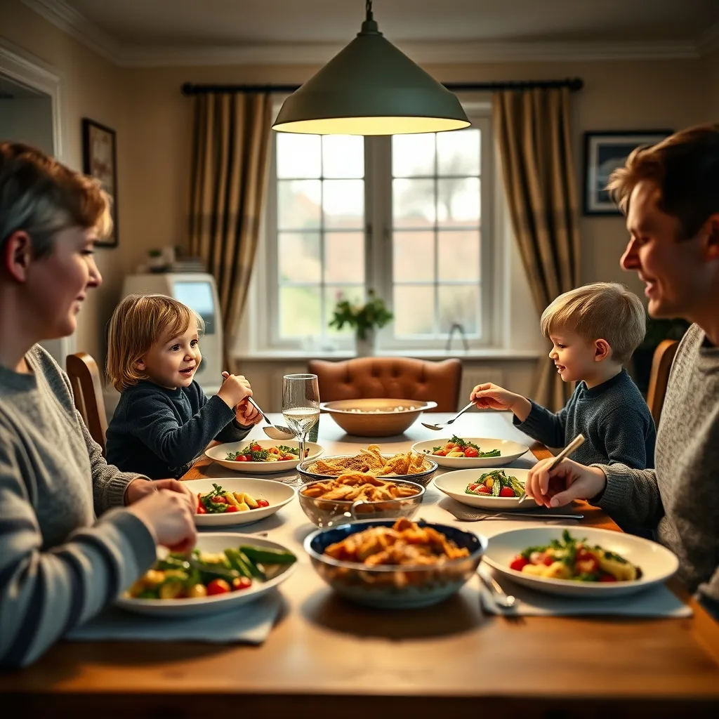 A family eating the same meal together, which helps children learn to accept a wider variety of foods